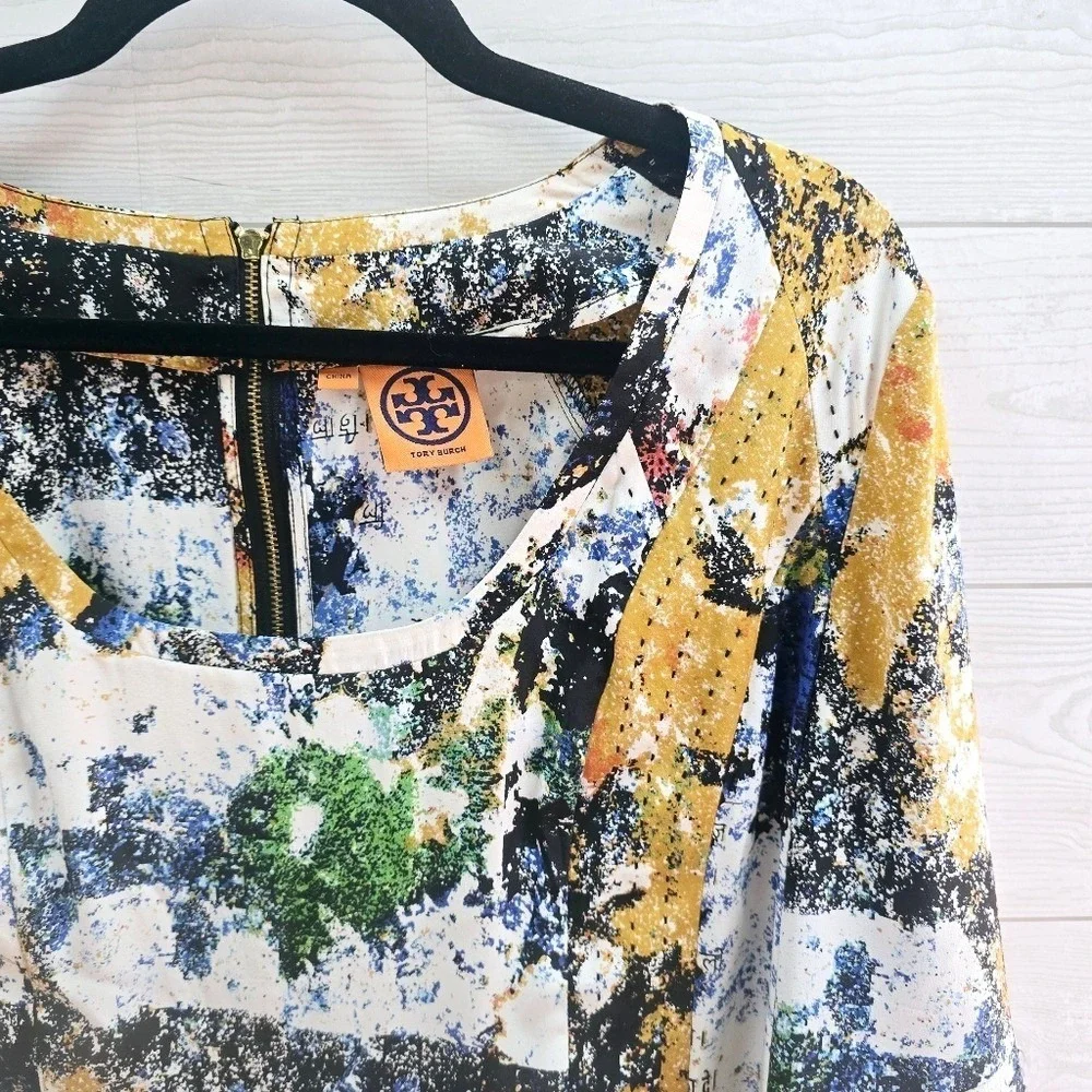 Tory Burch‎ 100% Silk Abstract Print Long Sleeve Top Size 8 Multi-Color Blouse